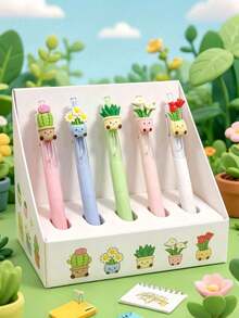 5pcs Creative Plant Shaped Neutral Pens, Random Cute Potted Plant Design Neutral Pens, 0.5mm Quick-Dry Black Ink Ballpoint Pens, First Day Of School - Multicolor - View 3