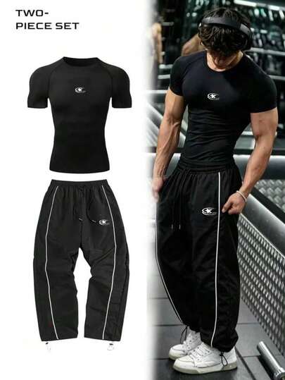 Men's Autumn Casual Sports Short Sleeve Set, Minimalist Fashion Outdoor Fitness Long Pants Outfit