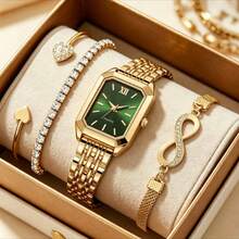 4 pièces/Set Montre classique élégante et minimaliste pour femmes avec bracelet exquis, cadran carré délicat, bracelet réglable, montre à quartz, convient pour un port quotidien, cadeau parfait pour les amies ou la famille - Rose bonbon - Voir 11