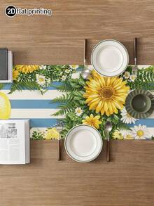 1pc,Summer Style,Pastoral Fresh Summer Table Runner,Lemon Line Print,Multiple Sizes Available,Entryway Decor,Microwave Dust Cover,Suitable For Kitchen Dining Table Decor,Party Decor,Dining Table Decor,Dining Table Arrangement,Home Decor - Blue - View 3
