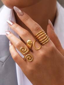 Fashion Metal Hollow Geometric Open Rings For Women Stainless Steel Gold Color Lines Spiral Adjustable Finger Ring Jewelry 2026 - Gold - View 4