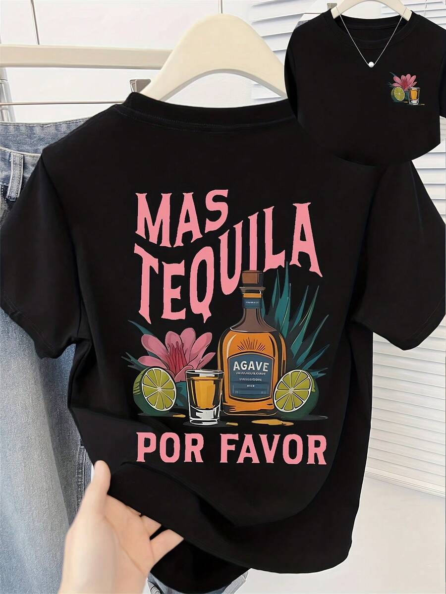 Camiseta de verano estampada de manga corta para mujer, top para mujer, tejido de algodón puro, corte regular.blusas para mujer playeras de mujer blusas casuales para dama conjuntos de mujer - Negro - Ver 1