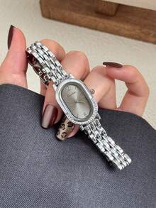 1pc Gold/Silver Square Bamboo Pattern Quartz Watch, Suitable For Daily Wear, Birthday Gift, Christmas Gift - Silver - View 4