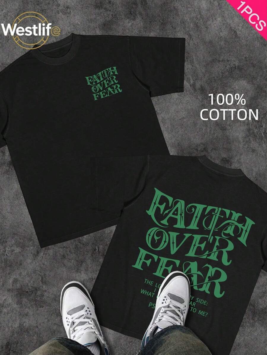 Men's Christian T-Shirt "FAITH OVER FEAR" | Psalm 118:6 Design | Inspirational Streetwear | 100% Cotton | Unisex Fit | Ideal Gift For Believers - 紅色 - 查看 1