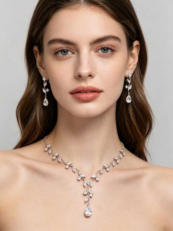 Elegant Leaf & Teardrop Zirconia Women's Jewelry Set, Gold And Silver Copper Inlaid Zirconia, Pendant Necklace And Dangle Earrings, Luxurious Sparkling Wedding Accessories, Suitable For Party And Evening Event