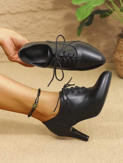 European & American Style Fashionable High Heel Shoes With Lace-Up Design, Solid Color Thin High Heel Deep Cut Women's Pumps For Spring And Autumn