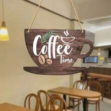 Rustic Farmhouse Coffee Cup Shaped Wooden Hanging Sign, Coffee Time Coffee Bean & Leaf Print Distressed Wooden Plaque With Jute Rope, Kitchen Coffee Bar Wall Decor, Home Coffee Station Decorative Gift For Coffee Lovers - Coffee Brown - View 2