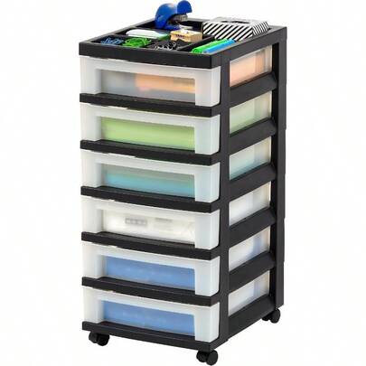 IRIS USA 6 Cajones Organizadores de Plástico para Manualidades, Carro de Almacenamiento Rodante para Suministros Escolares, con Organizador Superior de Cajones para Piezas Pequeñas, Negro/Perla