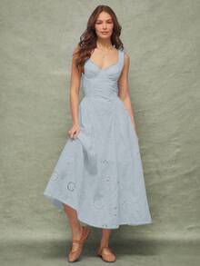 de verano para mujer en color amarillo pálido, estilo fiesta de té. Con corpiño bordado con conchas marinas, escote corazón, copas con aros, cintura baja y corte ajustado y falda acampanada. - Amarillo claro - Ver 7