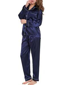 GAESHOW Conjunto de Pijamas de Mujer con Manga Larga de Satén Top Botones y Pantalones Pijama de Seda Ropa de Dormir - Morado - Ver 18