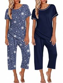 Conjunto de Pijama Capri para Mujer , Ropa de Dormir de Manga Corta, 2 Piezas, Cuello Redondo, Pijama Suave con Bolsillos - Flores marrones, negro - Ver 17