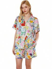YiNi LuLu - Conjunto de pijama de satén de seda para mujer, 2 piezas, pijama de manga corta, de gran tamaño, con bolsillos - frasco de perfume - Ver 39