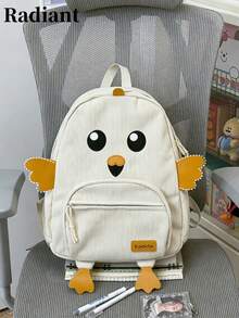 2025 New High Cost-Performance Student Backpack, Canvas Corduroy Minimalist Large Capacity Duck Pattern Middle School Student Bag - White - View 9