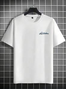 A Men's Short-Sleeve T-Shirt Made Of Polyester Fabric, Featuring An English Wave Pattern Print. Regular Fit, Stylish Casual Crewneck Top For Spring An - 白色 - 查看 2