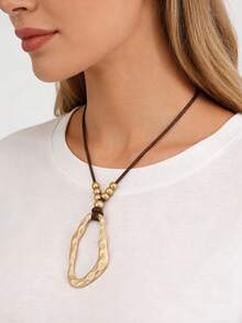 1pc Bohemian Short Collarbone Chain Necklace, Vintage Distressed Hammered Asymmetrical Geometric Hollow Water Drop Pendant Necklace, Double Row Round Bead Wax Cord Necklace, Casual Versatile Sweater Chain, Gift For Girlfriend, Best Friend, Boyfriend, Mother - Short - View 3