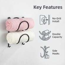 2 Towel Racks - Wall-Mounted Shelf With Hooks - Easy To Install, Space-Saving Design, Suitable For Elegant Bathroom And Kitchen Decor Multifunctional Storage | Smooth Metal Surface | Sturdy Structure, Bathroom Organization And Storage - 6pcs - [2 Shelves + 4 Hooks] - View 4