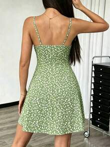 Summer Sleeveless V-Neck Cami Dress, French Ditsy Floral Casual Wear Cute Minimalist Vacation Beach Sexy Cool A-Line Mini Dress Elegant - Olive Green - View 3