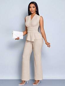 Conjunto de dos piezas de camiseta de manga larga con cuello en V elegante y pantalones de pierna ancha de color albaricoque para mujer, con - Negro - Ver 9