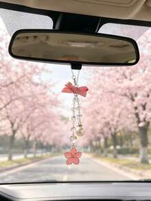 Bowknot Cherry Blossom Car Rearview Mirror Pendant, Crystal Pearl Beaded Car Hanging Decoration, Girly Car Interior Decor, Pink Bow Pearl Pendant Car Rearview Mirror Hanging Ornament, Crystal Bead Chain Style, Universal Car Interior Decoration Accessory - Cherry Blossoms - View 1