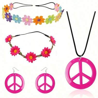 5pcs Hippie Costume Set, Includes 1 Set Rainbow Peace Sign Necklace And Earrings, 1pc Floral Headband And 1 Pair Hippie Accessory Props, Suitable For Carnival/Mardi Gras/Unisex Costume Accessories, Perfect For Travel, Vacation, Festival, Summer Party, Halloween