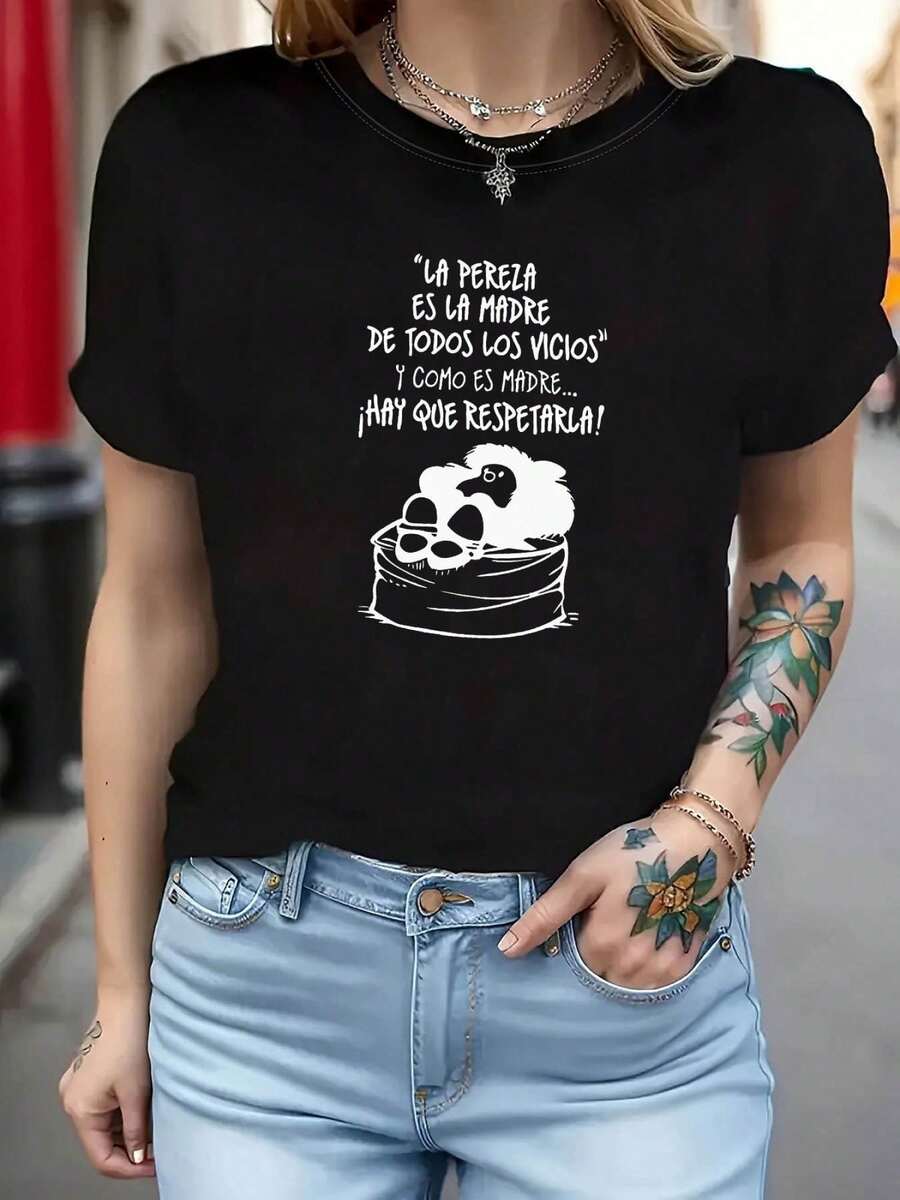 Casual Blouses For Women. Plus Sizes - Indolence Is The Mother Of All Vices, And As A Mother, We Must Respect It. Plus Size Women's T-Shirt With Letter Print, Cam - 黑色 - 查看 1