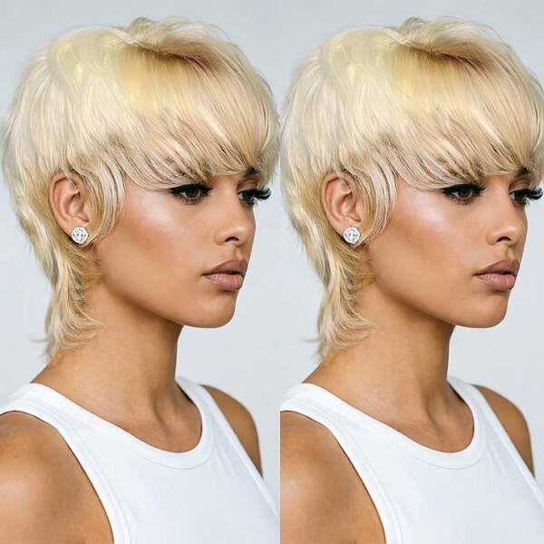 Korte pruik voor dames, Braziliaans Remy menselijk haar, mullet pixie cut pruik 27/613, 1B zwart, 4/33 gekleurd, schattige korte mullet pruik met pony, gelaagd, gemakkelijk te dragen zonder kanten front, natuurlijk krullend haar, voor alle etniciteiten