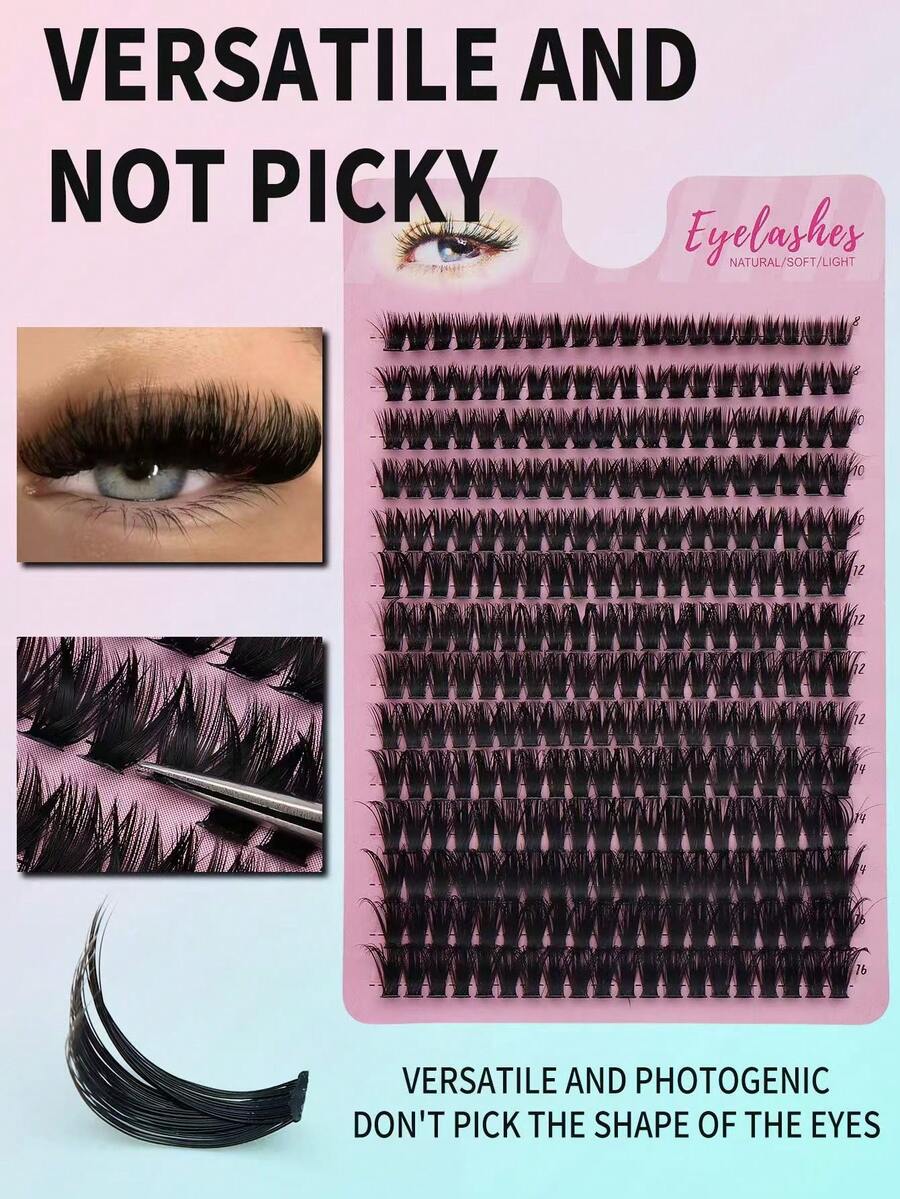 280pcs, 14 Rows, Cluster-Style False Eyelashes, Mixed Length Ranging From 8 To 16 Mm, 3D Russian-Style Voluminous Individual False Eyelash Clusters, Black False Eyelashes For Makeup Use. - 查看 1