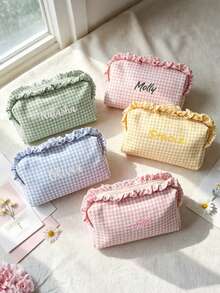 Personalized Embroidered Plaid Makeup Bag, Customized Name Ruffle Edge Cosmetic Bag, Bridesmaid Gift, Travel Organizer Bag, Gift For Her - Multicolor - View 4