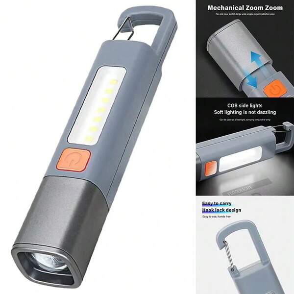 High Power LED Flashlight 350 Lumens, Rechargeable USB Type-C, Lithium Battery, 3 Modes With Adjustable Beam & COB Side Light, Portable Handheld Torch With Hook For Camping, Hiking, Emergency – 1 Pc