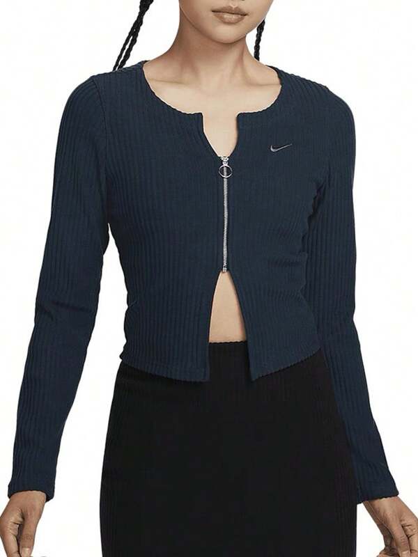 Suéter de punto acanalado Nike de color liso y corte ajustado para mujer, azul marino.