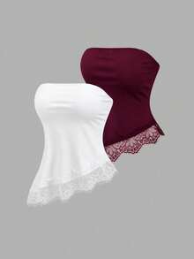 Conjunto de 2 piezas de top camisola minimalista con borde de encaje, asimétrico y sin tirantes, de seda de leche suave, elegante para el trabajo y uso diario, para primavera/verano - Multicolor - Ver 1