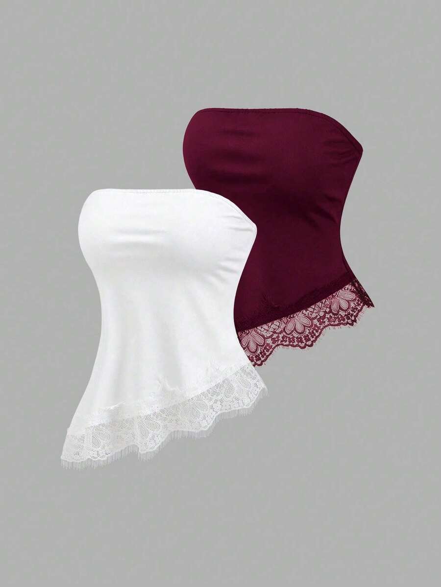 Conjunto de 2 piezas de top camisola minimalista con borde de encaje, asimétrico y sin tirantes, de seda de leche suave, elegante para el trabajo y uso diario, para primavera/verano - Multicolor - Ver 1