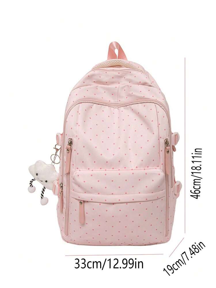 Polka Dot Backpack, Minimalist Soft Design With Matching Color Polka Dots, Multi-Layer Pocket Layout For Maximum Storage Utility, Lightweight Body To Reduce Shoulder Pressure, Cloud Plush Charm Adds Playful Detail. Designed For Students, Suitable For Daily Classes, Weekend Outings, Commuting, Versatile Large Capacity Casual Backpack With Gentle Sweet Girl Style - Pink - View 4