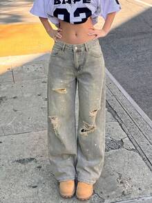 Casual Vintage Distressed Loose Straight Leg Jeans Spring - 懷舊 - 查看 4