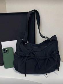 Black Anti-Wrinkle Nylon Shoulder Bag, Drawstring Pleated Pocket, Adjustable Wide Strap, Soft Large Capacity Casual Shoulder Bag, Ideal Choice For Minimalist Street Girls, Perfect For Daily Outings, Coffee Dates, Weekend Shopping And City Walks. - Black - View 5