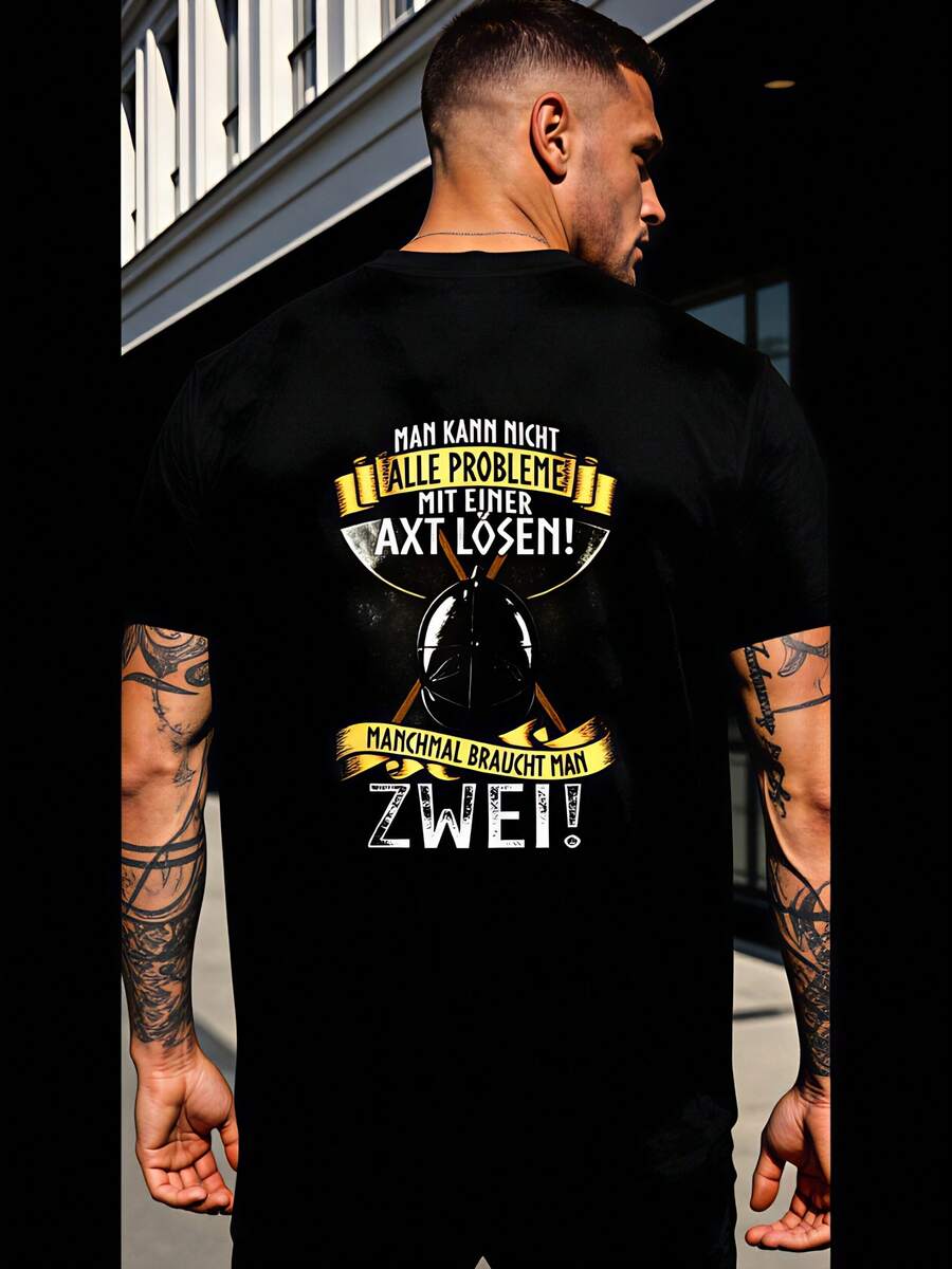 en – "Probleme gelöst mit der Axt" & "Ich komme mit der Nacht zurecht" Slogans mit Wikinger-Axt- & Schild-Grafik, T-Shirt mit deutscher Kultur für Geschichtsbegeisterte, Themenveranstaltungen & Freizeitkleidung - Schwarz - Übersicht 1