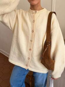 Vivid Style Cream Yellow Knitted Cardigan Women's Round Neck Button-Up Loose Oversized Dropped Shoulder Lantern Long Sleeve Comfortable Knit Sweater Jacket - Yellow - View 5