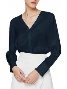 Blusa de manga larga brillante con cuello en V profundo para mujer - Rojo vino - Ver 8