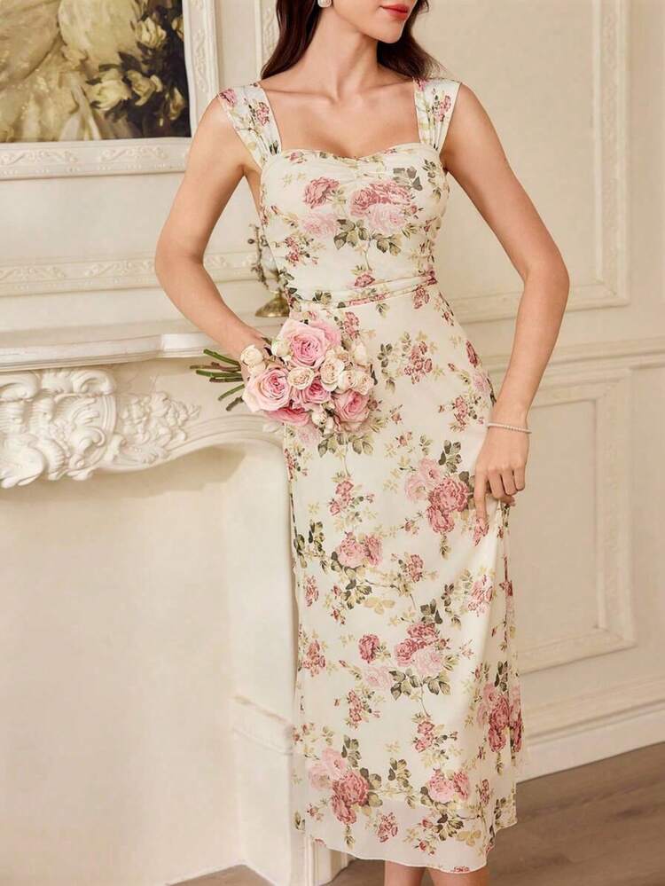 yonghongmaoyi1  Vestido de mujer elegante y vintage con estampado floral, vestido casual de cola de sirena para vacaciones de verano, vestid - Amarillo claro - Añade 5