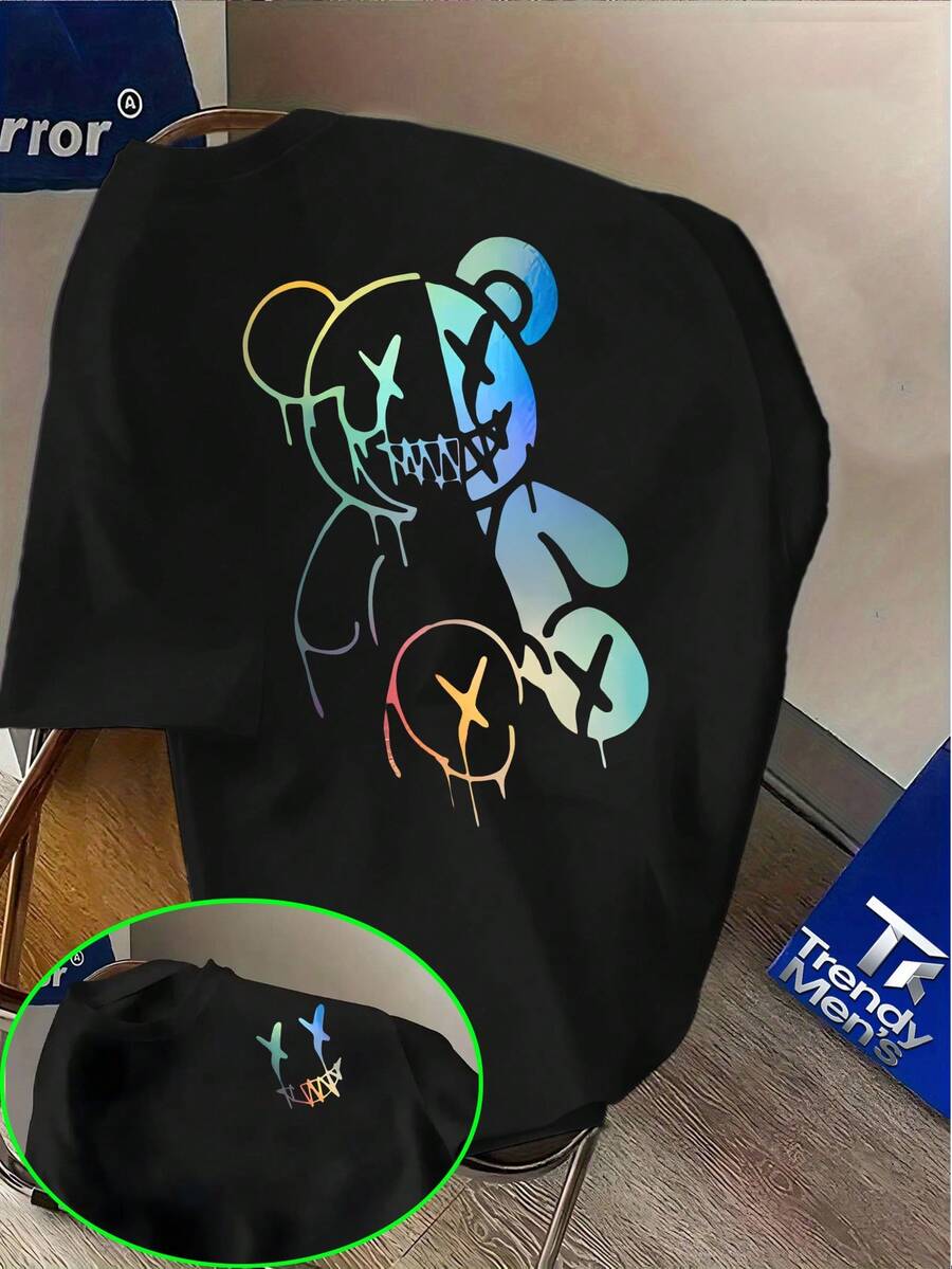 Trendy Street Style Printed T-Shirt with Gradient Color Cool Bear Pattern and Creative Graffiti Design, Perfect for Daily Wear to Showcase Personality - Negro - Ver 1