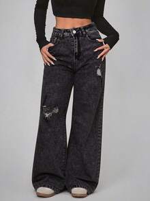Straight Leg Jeans In Washed Blue Denim With Rips - Noir - Voir 2