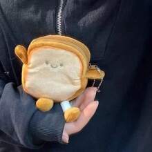 1pc INS Healing Realistic Toast Plush Coin Purse, Mini Zipper Storage Bag With Earphone Storage And Key Chain Function, 3D Toast Design With Hands And Feet, Gradient Toasted Edge Plush Highly Restoring Real Bread Texture, Front Embroidered Simple Smiling Face Soft And Cute Healing - Multicolor - View 7