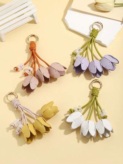 DIY Handmade Creative Fashion Floral Leather Keychain 1pc, Fresh Tulip Bag Key Charm, Creative Holiday Gift Souvenir For Lovers And Friends, Creative Gift For Girlfriend, Holiday Gift For Mom, Phone Car Accessories Key Ring, Creative Holiday Gift For Others, Event Gift