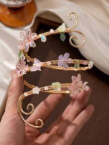 1件波希米亞風海灘花卉手臂飾品，可調節金色手臂配件，附粉色花朵與綠葉吊墜，夏季度假女性手臂珠寶 - 金黃色 - 查看 3