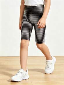4pcs Girls' Thin Vertical Striped Cropped Leggings, Soft & Comfortable Minimalist All-Match Daily Wear, Spring & Autumn - Multicolor - View 3
