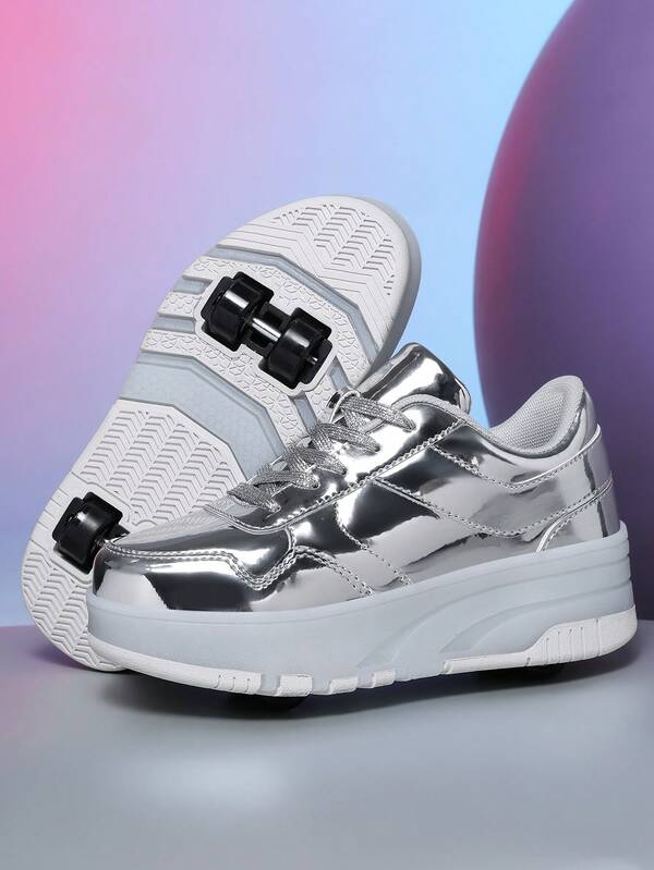 BLSART Zapatillas de patín con ruedas retráctiles para niños, plateadas y brillantes, con cordones y 4 ruedas, zapatos de patín casuales para estudiantes