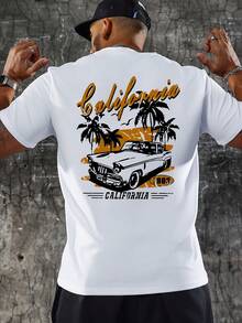 Men's Car Coconut Tree Letter Print T-Shirt - 白色 - 查看 1