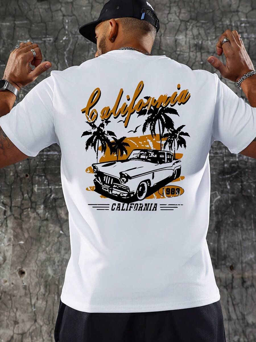 Men's Car Coconut Tree Letter Print T-Shirt - 白色 - 查看 1
