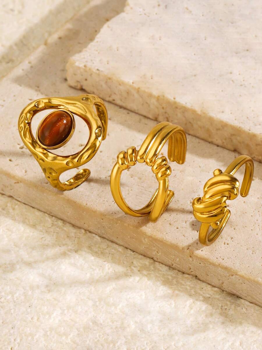 3pcs Stainless Steel 18K Gold Plated Summer Versatile Elegant Fashion Minimalist Casual Style Geometric Gold Knot Ring Set Suitable For Women Daily Wear Holiday Beach Vacation Date Travel Casual Jewelry Gift - Multicolor - View 1
