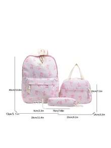 3pcs Fashionable College Style Bow Print Backpack Set, Including Backpack, Lunch Bag And Pencil Case, With Laptop Compartment, Adjustable Shoulder Straps And Multiple Pockets, Large Capacity Student Backpack Set, Multi-Functional Daypack Set, Suitable For Girls/College Students/Graduate Students Daily Use/Vacation/Travel/Back To School - Multicolor - View 3
